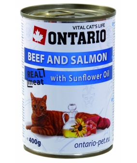 Консервы для кошек: говядина и лосось (ONTARIO konzerva Beef, Salmon,Sunflower Oil 400g) 213 – 2102