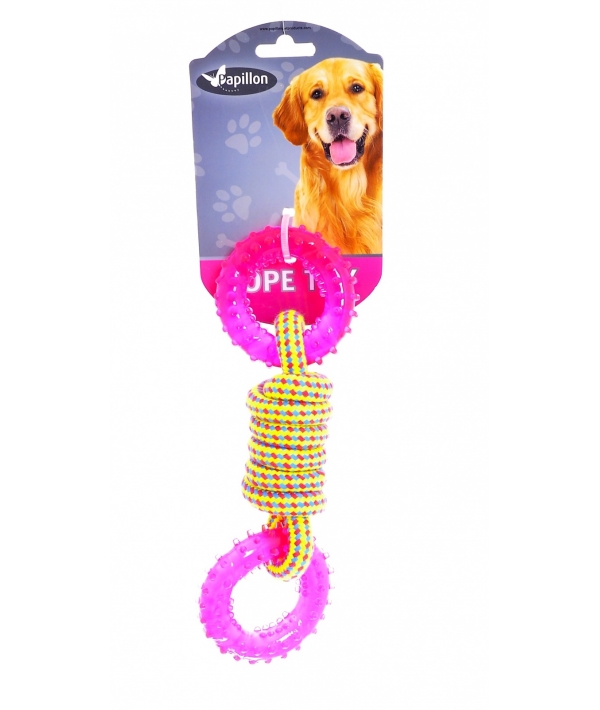Игрушка для собак "Плетеная веревка с двумя пластиковыми кольцами", 23 см / Weaving rope toy with TRP 23cm 140 – 150 g, yellow/pink (3/36) 140847