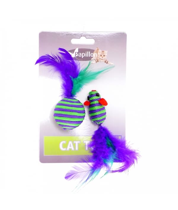 Игрушка для кошек "Мышка и мячик с перьями" 5+4см, вязанные (Cat toy mouse 5 cm and ball 4 cm with feather on card) 240052