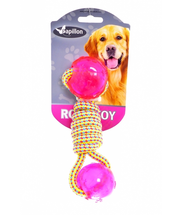 Игрушка для собак "Плетеная гантелька с двумя шариками", 17 см / Weaving rope toy with TRP 17cm 100 – 110 g, yellow/pink (3/48) 140848