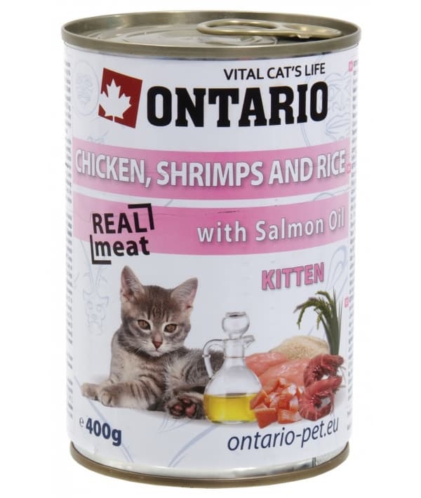 Консервы для котят: курица, креветки и рис (ONTARIO konzerva Kitten Chicken,Schrimps,Rice,Salmon Oil 400g) 213 – 2032