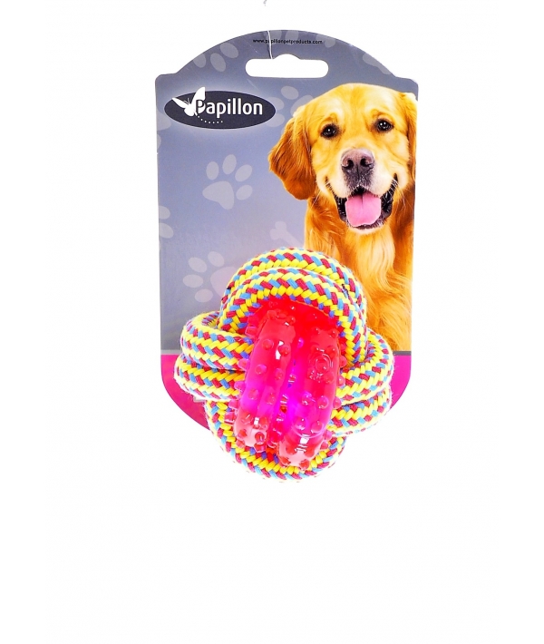 Игрушка для собак "Плетеный мячик с пластиковым кольцом", 8 см/ Weaving rope toy with TRP 8cm 140 – 150 g, yellow/pink (3/48) 140851