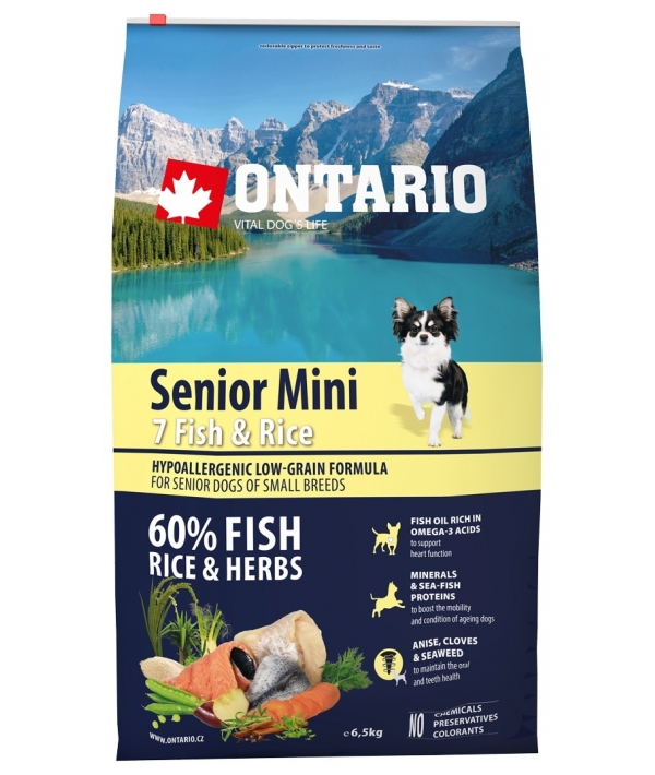 Для пожилых собак малых пород с 7 видами рыбы и рисом (Ontario Senior Mini 7 Fish & Rice 6,5kg) 214 – 11177