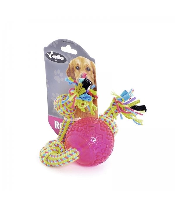 Игрушка для собак "Плетеная веревка с 3 узлами и мячиком", 38 см / Weaving rope toy with TRP 38cm 140 – 150 g, yellow/pink (3/30) 140843