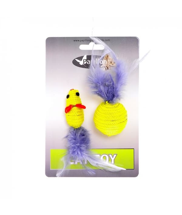 "Мышка и мячик с перьями" 5+4см желтые (Cat toy mouse 5 cm and ball 4 cm with feather on card) 240065