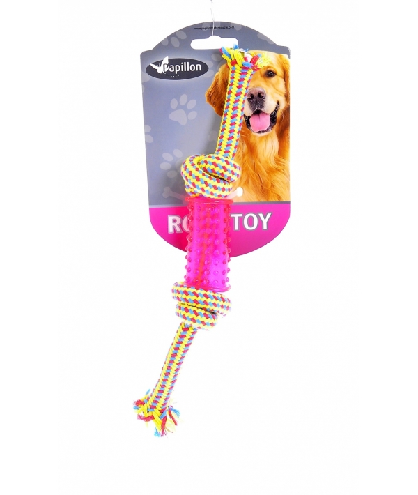 Игрушка для собак "Плетеная веревка с пластиковой гантелькой", 24см / Weaving rope toy with TRP 24cm 60 – 65 g, yellow/pink (3/72)) 140845
