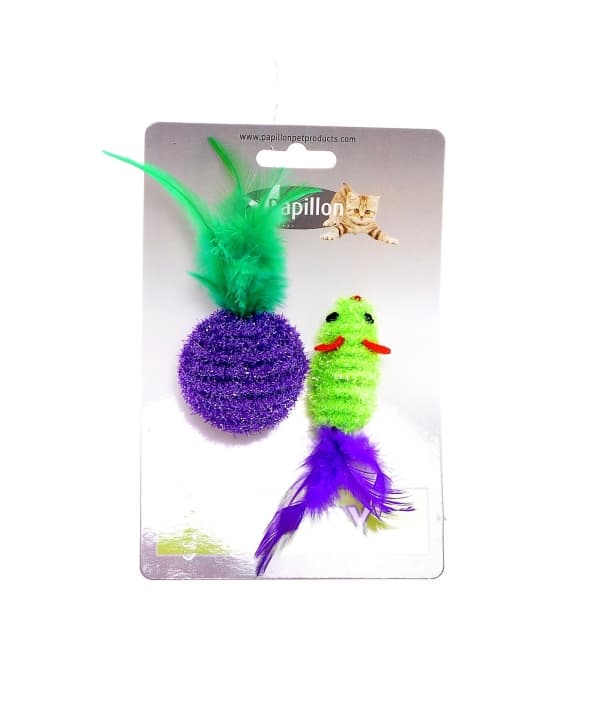 Игрушка для кошек "Мышка и мячик с перьями" 5+4см, двуцветные (Cat toy mouse 5 cm and ball 4 cm with feather on card) 240051